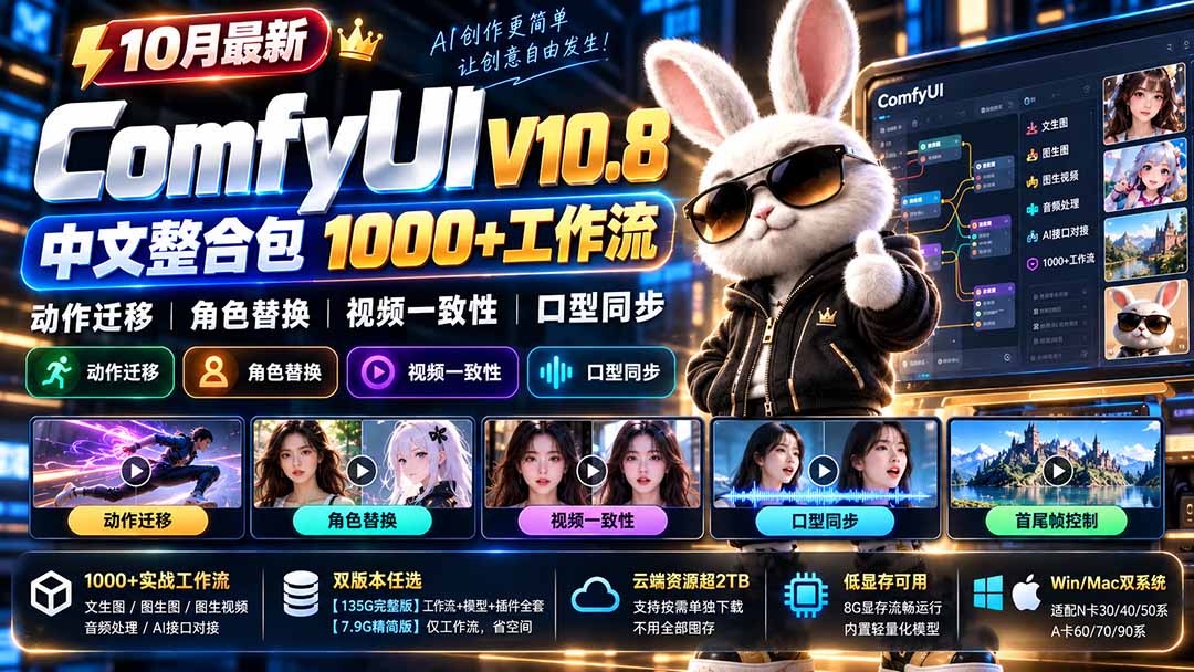 10月最新ComfyUI V10.8中文整合包 1000+工作流 动作迁移 角色替换 视频一致性 口型同步 低显存可用-娜娜项目网