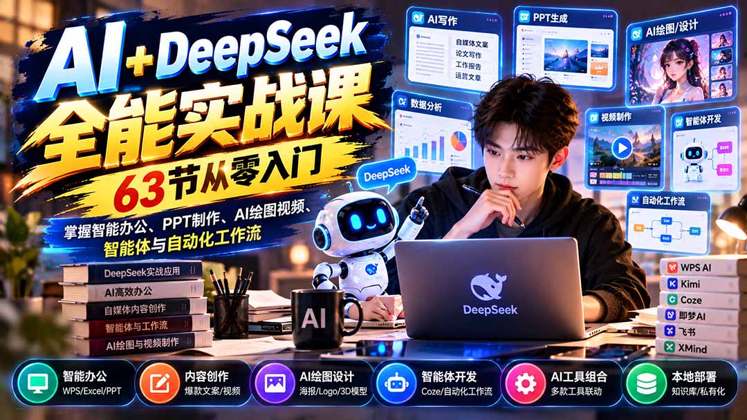 AI+DeepSeek全能实战课:63节从零入门,掌握智能办公、PPT制作、AI绘图视频、智能体与自动化工作流-娜娜项目网