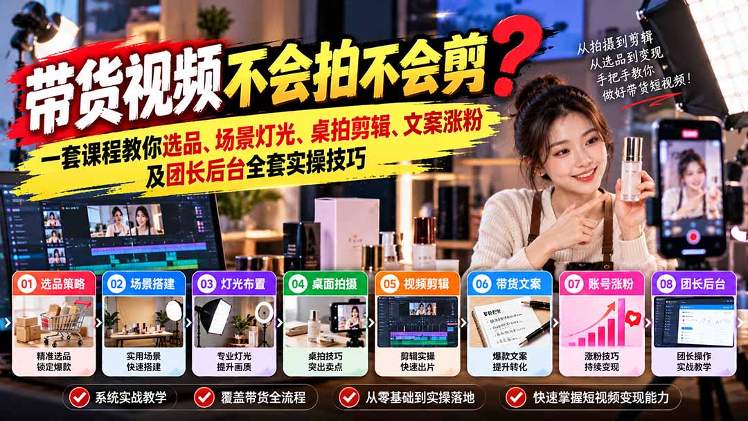 带货视频不会拍不会剪?一套课程教你选品、场景灯光、桌拍剪辑、文案涨粉及团长后台全套实操技巧 复制标题-娜娜项目网