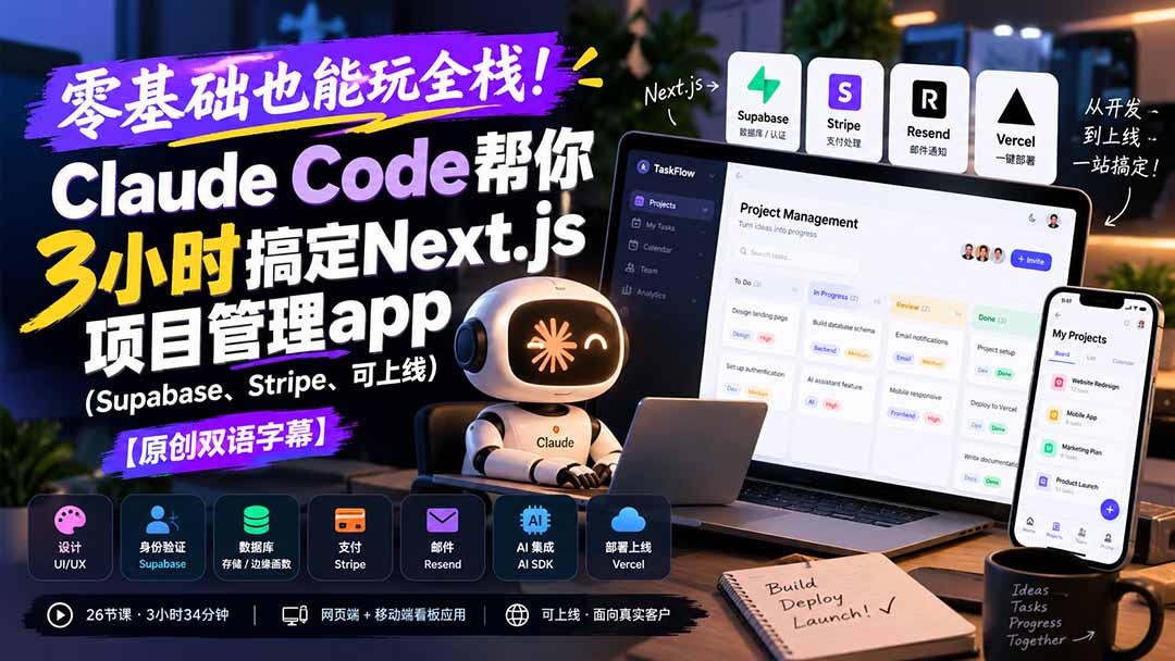 零基础也能玩全栈!Claude Code帮你3小时搞定Next.js项目管理app(Supabase、Stripe、可上线)【原创双语字幕】-娜娜项目网
