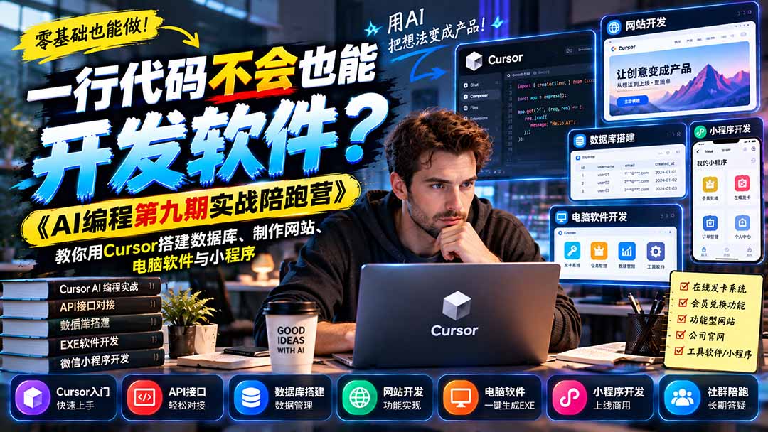一行代码不会也能开发软件？《AI编程第九期实战陪跑营》教你用Cursor搭建数据库、制作网站、电脑软件与小程序-娜娜项目网