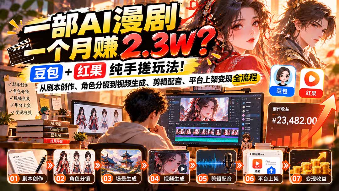 一部AI漫剧一个月赚2.3W？豆包+红果纯手搓玩法！从剧本创作、角色分镜到视频生成、剪辑配音、平台上架变现全流程-娜娜项目网