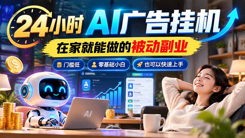 24小时AI广告挂机|在家就能做的被动副业,门槛低,零基础小白也可以快速上手-娜娜项目网
