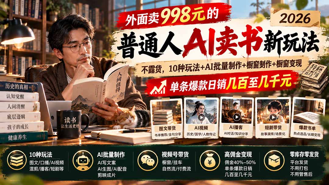 外面卖998元的2026普通人AI卖书新玩法:不露脸、不囤货,10种玩法+AI批量制作+橱窗变现,单条爆款日销几百至几千元-娜娜项目网