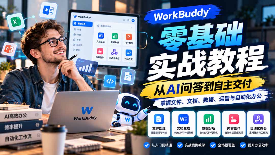 WorkBuddy零基础实战教程:从AI问答到自主交付,掌握文件、文档、数据、运营与自动化办公-娜娜项目网