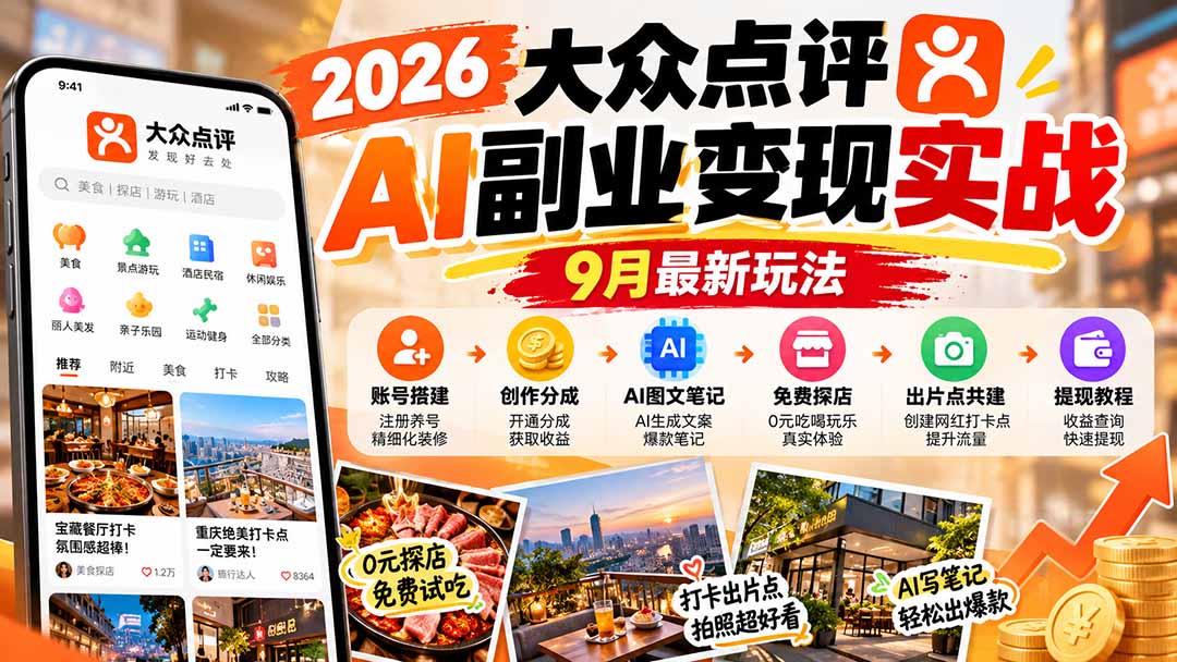 2026大众点评AI副业变现实战9月最新玩法:账号搭建+创作分成+AI图文笔记+免费探店+出片点共建与提现教程-娜娜项目网