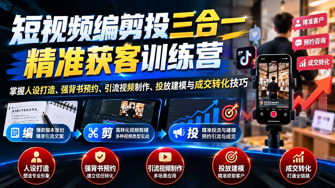 短视频编剪投三合一精准获客训练营:掌握人设打造、强背书预约、引流视频制作、投放建模与成交转化技巧-娜娜项目网