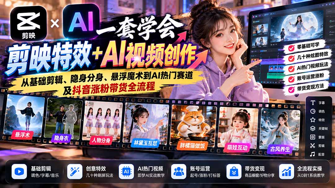 一套学会剪映特效+AI视频创作:从基础剪辑、隐身分身、悬浮魔术到AI热门赛道及抖音涨粉带货全流程-娜娜项目网