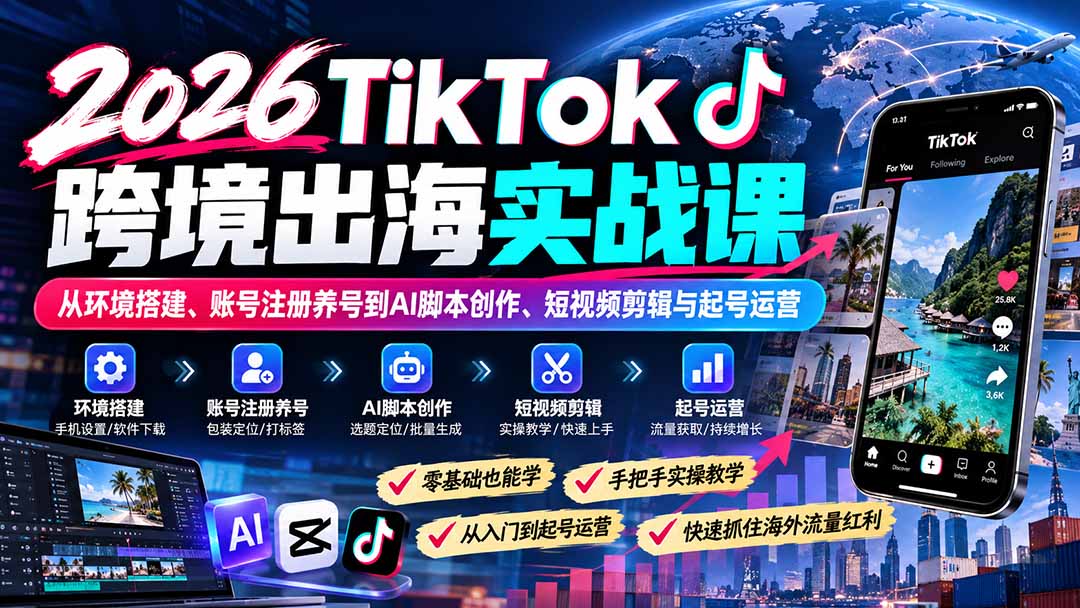 2026TikTok跨境出海实战课：从环境搭建、账号注册养号到AI脚本创作、短视频剪辑与起号运营-娜娜项目网