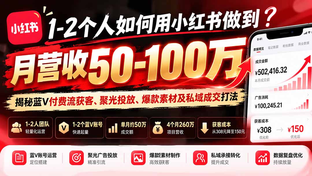 1-2个人如何用小红书做到月营收50-100万?揭秘蓝V付费流获客、聚光投放、爆款素材及私域成交打法-娜娜项目网