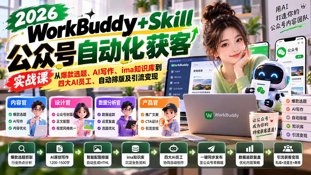 WorkBuddy + Skill公众号自动化获客实战课:从爆款选题、AI写作、ima知识库到四大AI员工、自动排版及引流变现-娜娜项目网