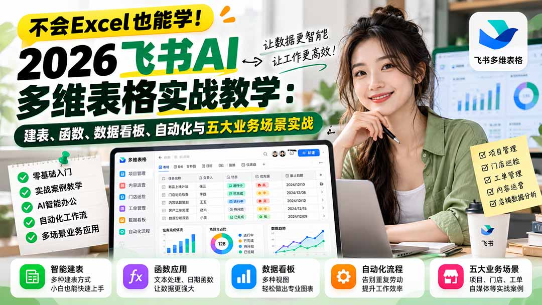 不会Excel也能学!2026飞书AI多维表格实战教学:建表、函数、数据看板、自动化与五大业务场景实战-娜娜项目网