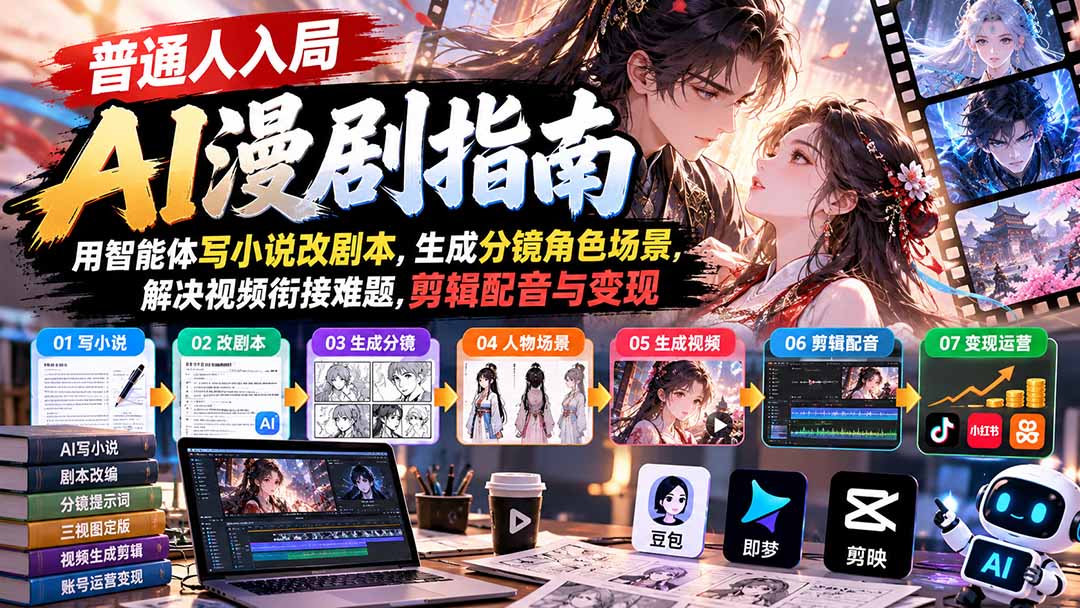 【无水印】普通人入局AI漫剧指南：用智能体写小说改剧本，生成分镜角色场景，解决视频衔接难题，剪辑配音与变现-娜娜项目网
