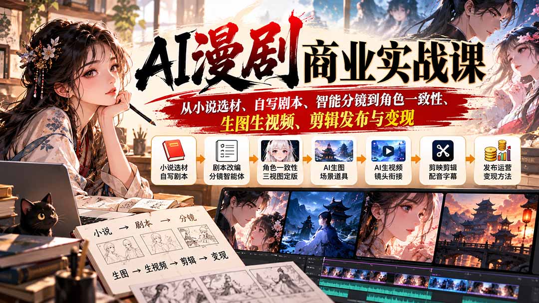 AI漫剧商业实战课：从小说选材、自写剧本、智能分镜到角色一致性、生图生视频、剪辑发布与变现-娜娜项目网