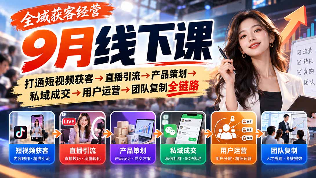 全域获客经营9月线下课:打通短视频获客→直播引流→产品策划→私域成交→用户运营→团队复制全链路-娜娜项目网