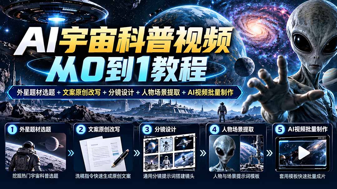 AI宇宙科普视频从0到1教程|外星题材选题+文案原创改写+分镜设计+人物场景提取+AI视频批量制作-娜娜项目网