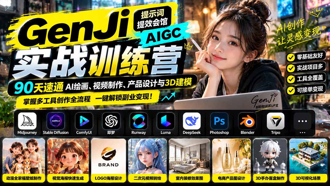 GenJi AIGC实战训练营:90天速通AI绘画、视频制作、产品设计与3D建模,掌握多工具创作全流程-娜娜项目网