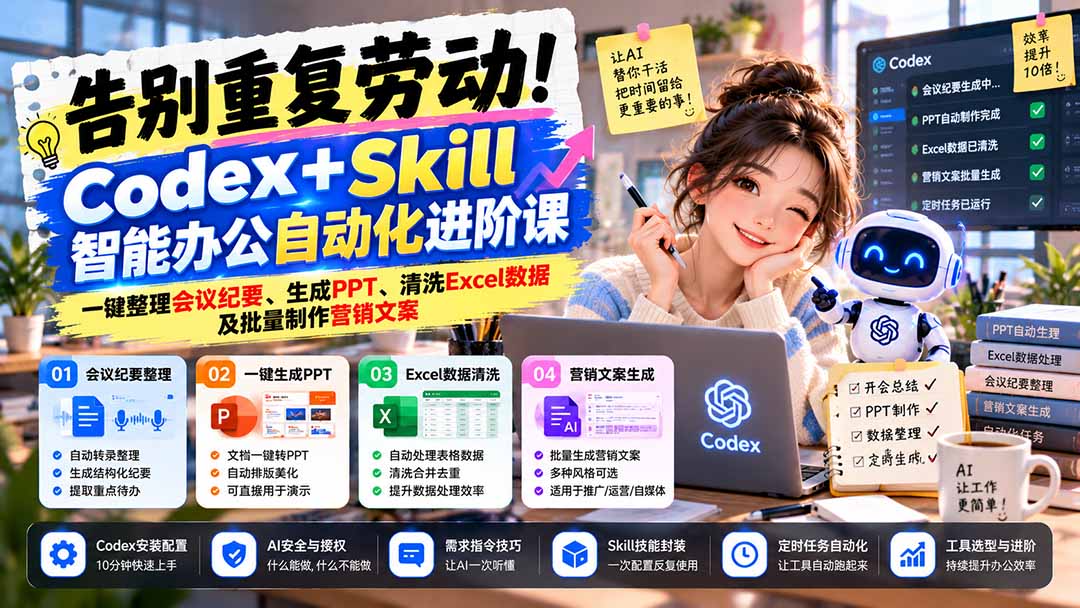 告别重复劳动!Codex+Skill智能办公自动化进阶课:一键整理会议纪要、生成PPT、清洗Excel数据及批量制作营销文案-娜娜项目网