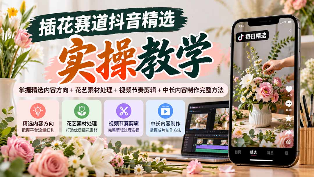 插花赛道抖音精选实操教学:掌握精选内容方向+花艺素材处理+视频节奏剪辑+中长内容制作完整方法-娜娜项目网