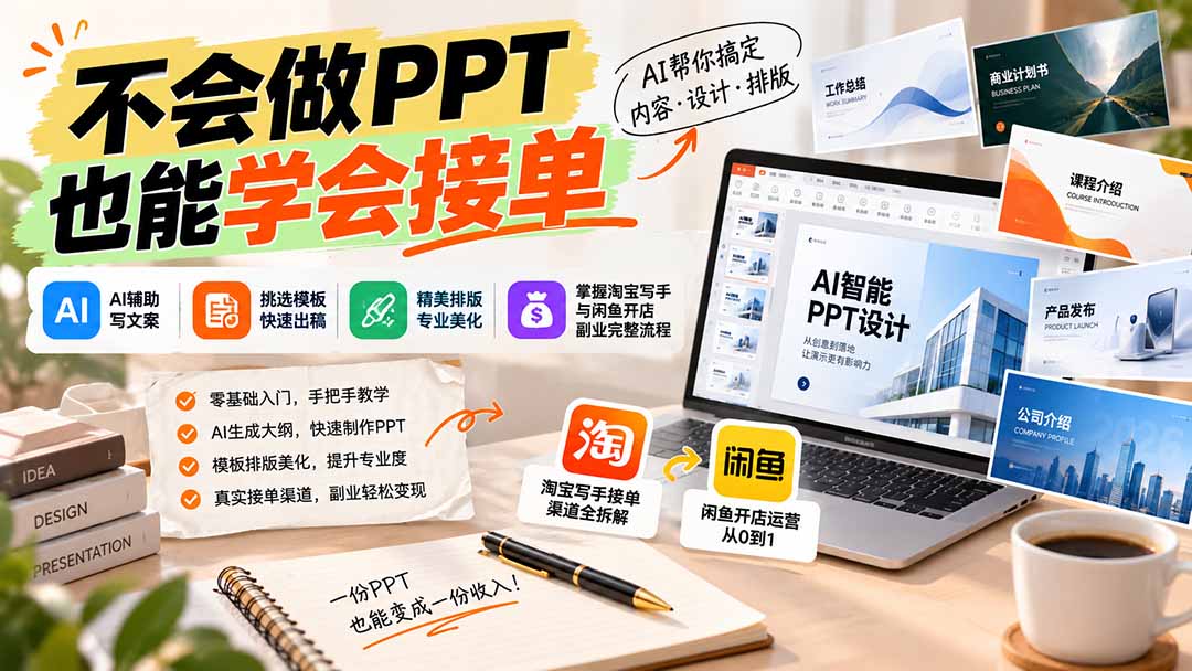 不会做PPT也能学会接单:AI辅助写文案、挑模板、做排版,掌握淘宝写手与闲鱼开店副业完整流程-娜娜项目网