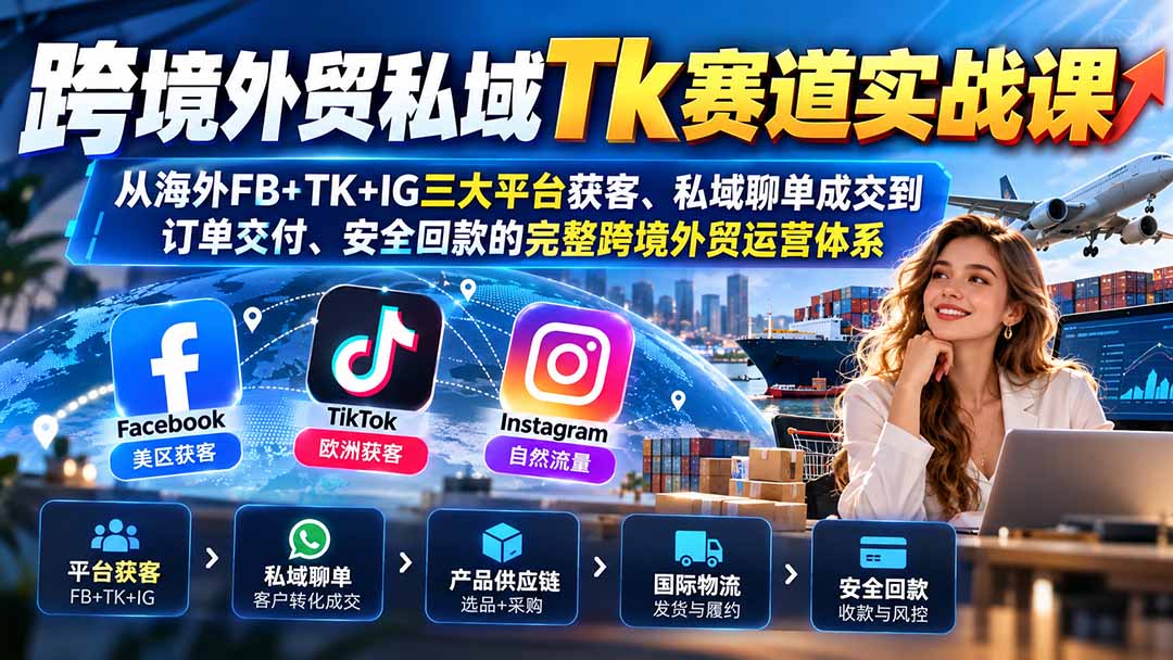 跨境外贸私域Tk赛道实战课:从海外FB+TK+IG三大平台获客、私域聊单成交到订单交付、安全回款的完整跨境外贸运营体系-娜娜项目网
