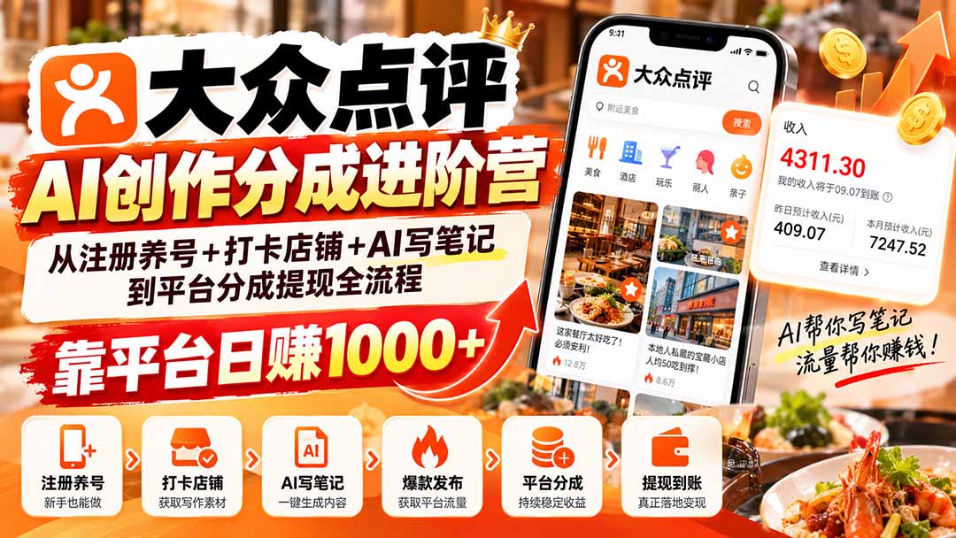 大众点评AI创作分成进阶营：从注册养号+打卡店铺+AI写笔记到平台分成提现全流程，靠平台日赚1000+-娜娜项目网