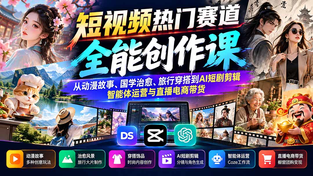 短视频热门赛道全能创作课：从动漫故事、国学治愈、旅行穿搭到AI短剧剪辑、智能体运营与直播电商带货-娜娜项目网