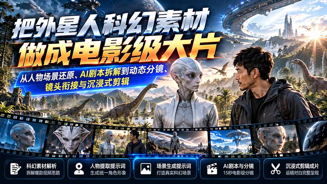 把外星人科幻素材做成电影级大片:从人物场景还原、AI剧本拆解到动态分镜、镜头衔接与沉浸式剪辑-娜娜项目网