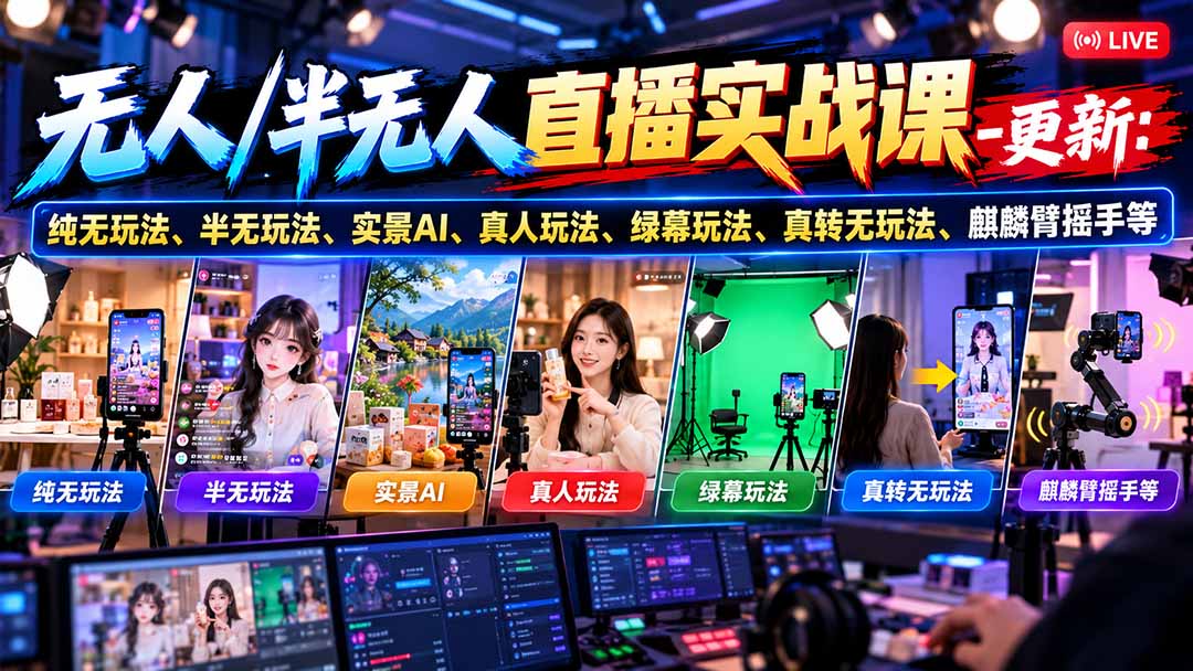 无人/半无人直播实战课-10月20更新：纯无玩法、半无玩法、实景AI、真人玩法、绿幕玩法、真转无玩法、麒麟臂摇手等-娜娜项目网