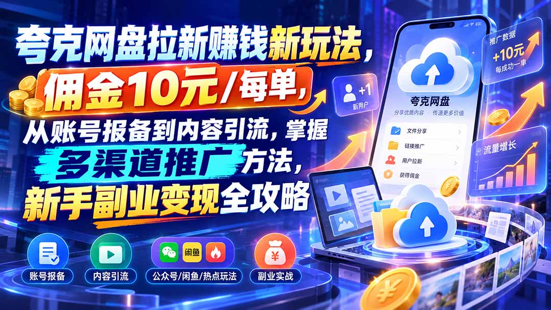 夸克网盘拉新赚钱新玩法,佣金10元/每单,从账号报备到内容引流,掌握多渠道推广方法,新手副业变现全攻略-娜娜项目网