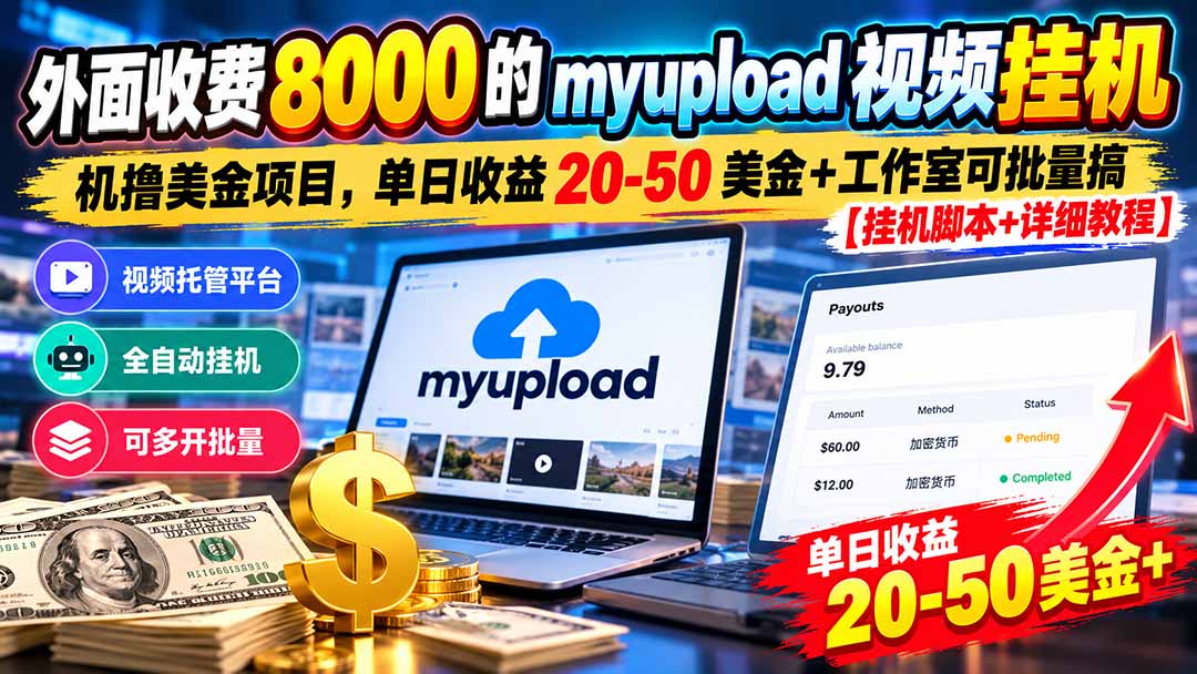 外面收费8000的myupload视频挂机撸美金项目,单日收益20-50美金+工作室可批量搞【挂机脚本+详细教程】-娜娜项目网