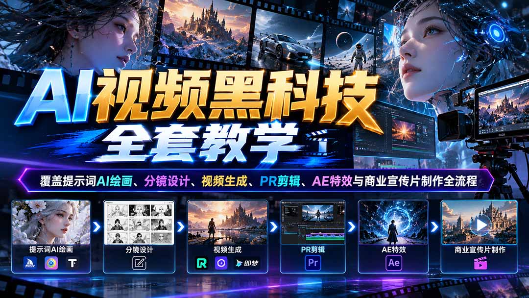 AI视频黑科技全套教学:覆盖提示词AI绘画、分镜设计、视频生成、PR剪辑、AE特效与商业宣传片制作全流程-娜娜项目网